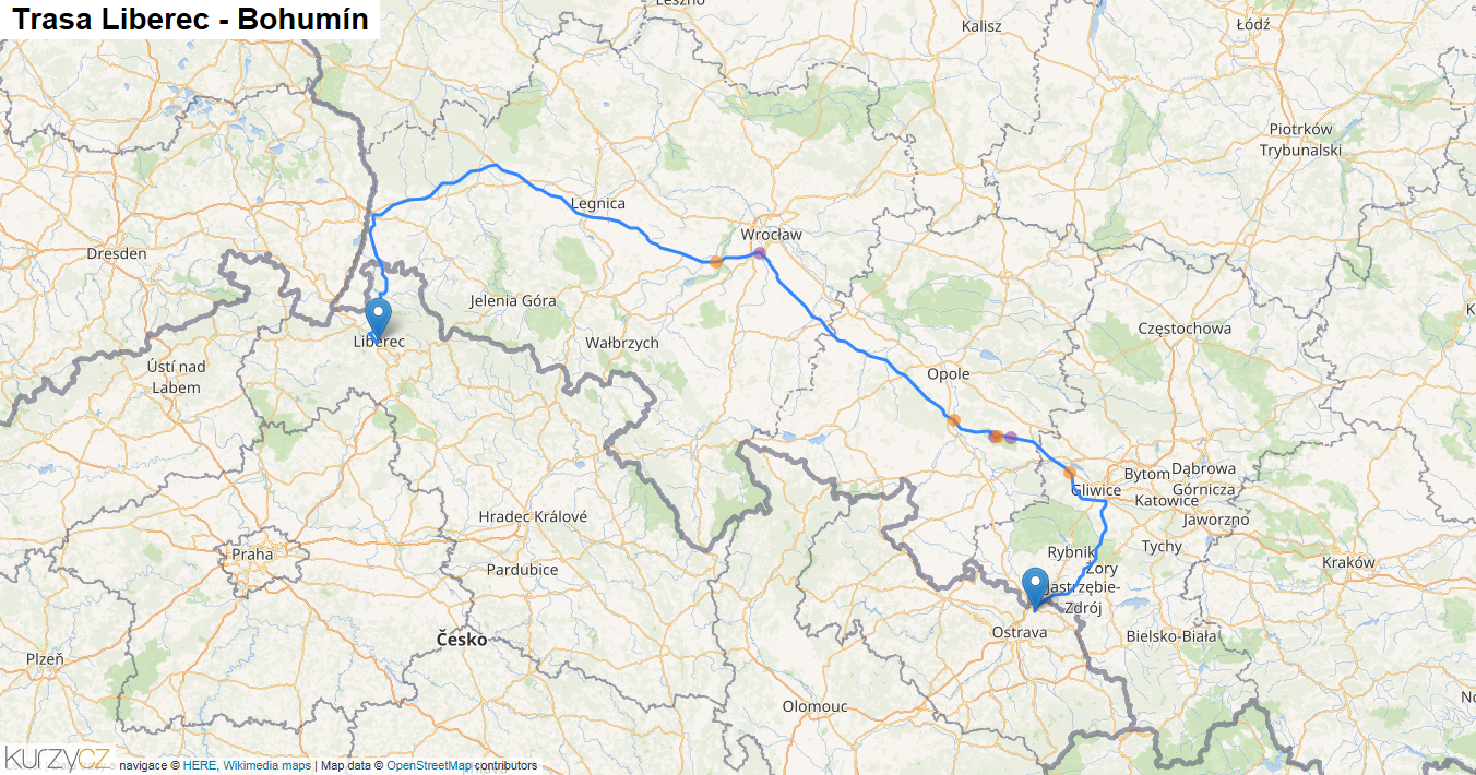Liberec-Bohumín, mapa trasy