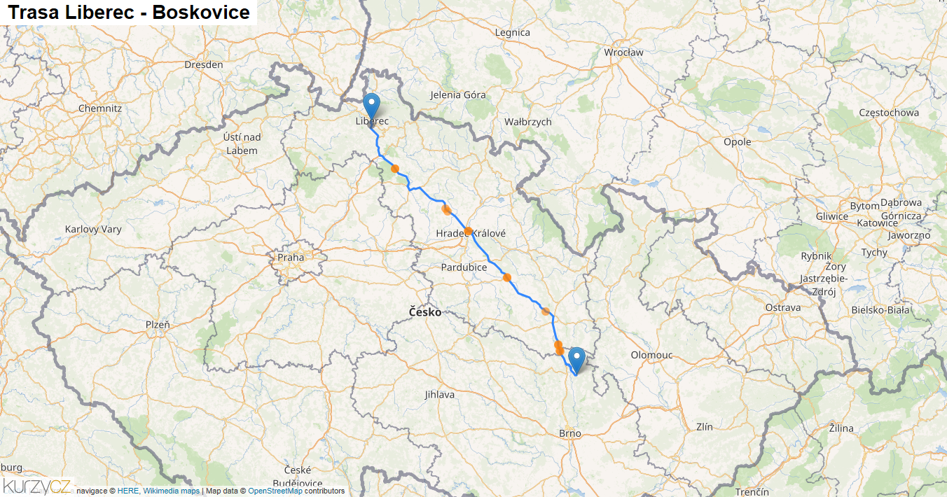 Liberec-Boskovice, mapa trasy