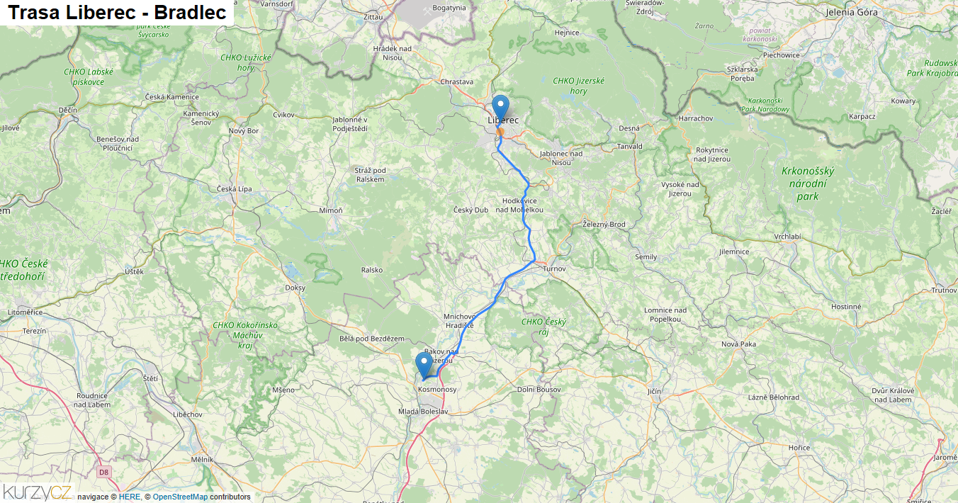 Liberec-Bradlec, mapa trasy