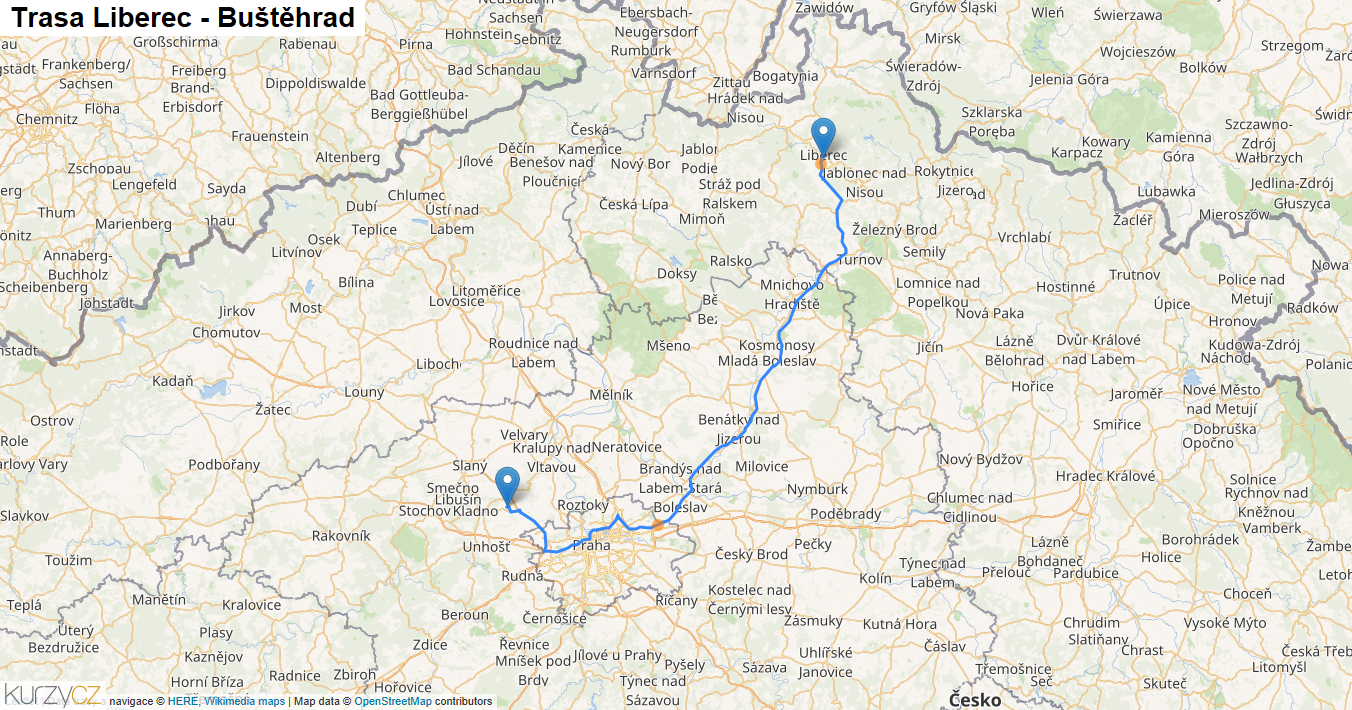 Liberec-Buštěhrad, mapa trasy