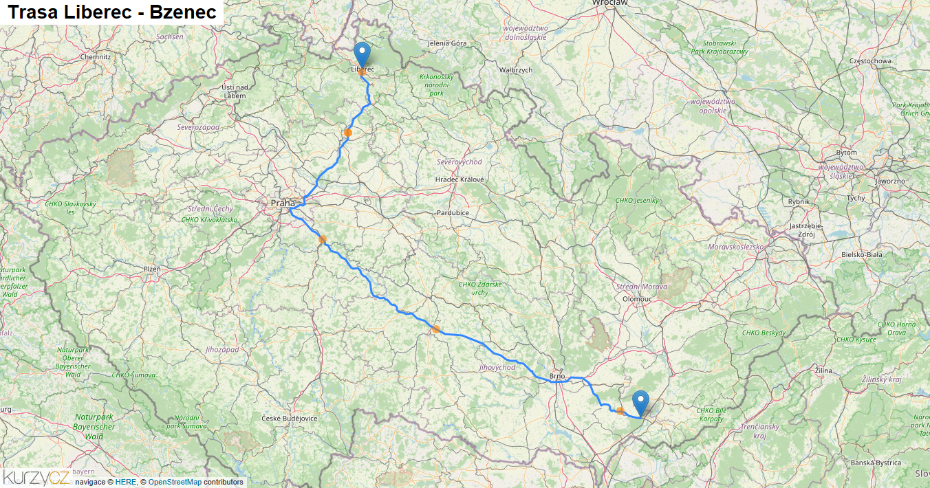 Liberec-Bzenec, mapa trasy