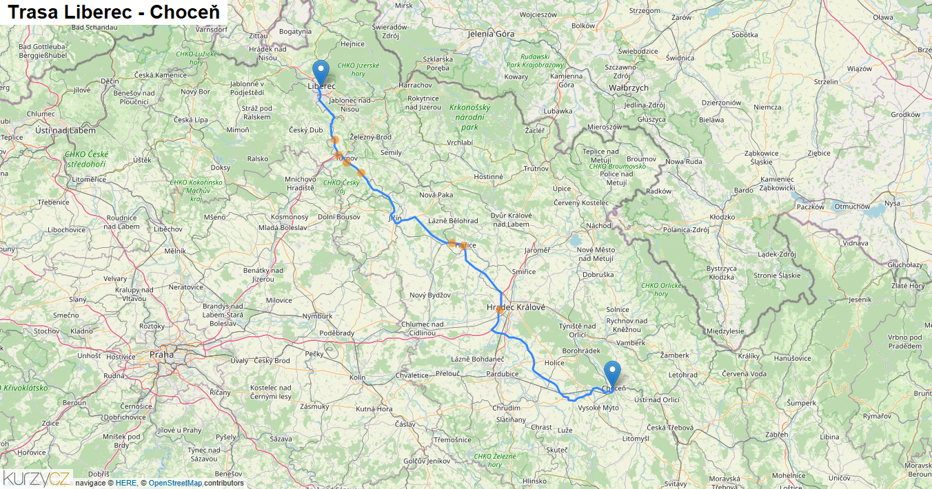 Liberec-Choceň, mapa trasy