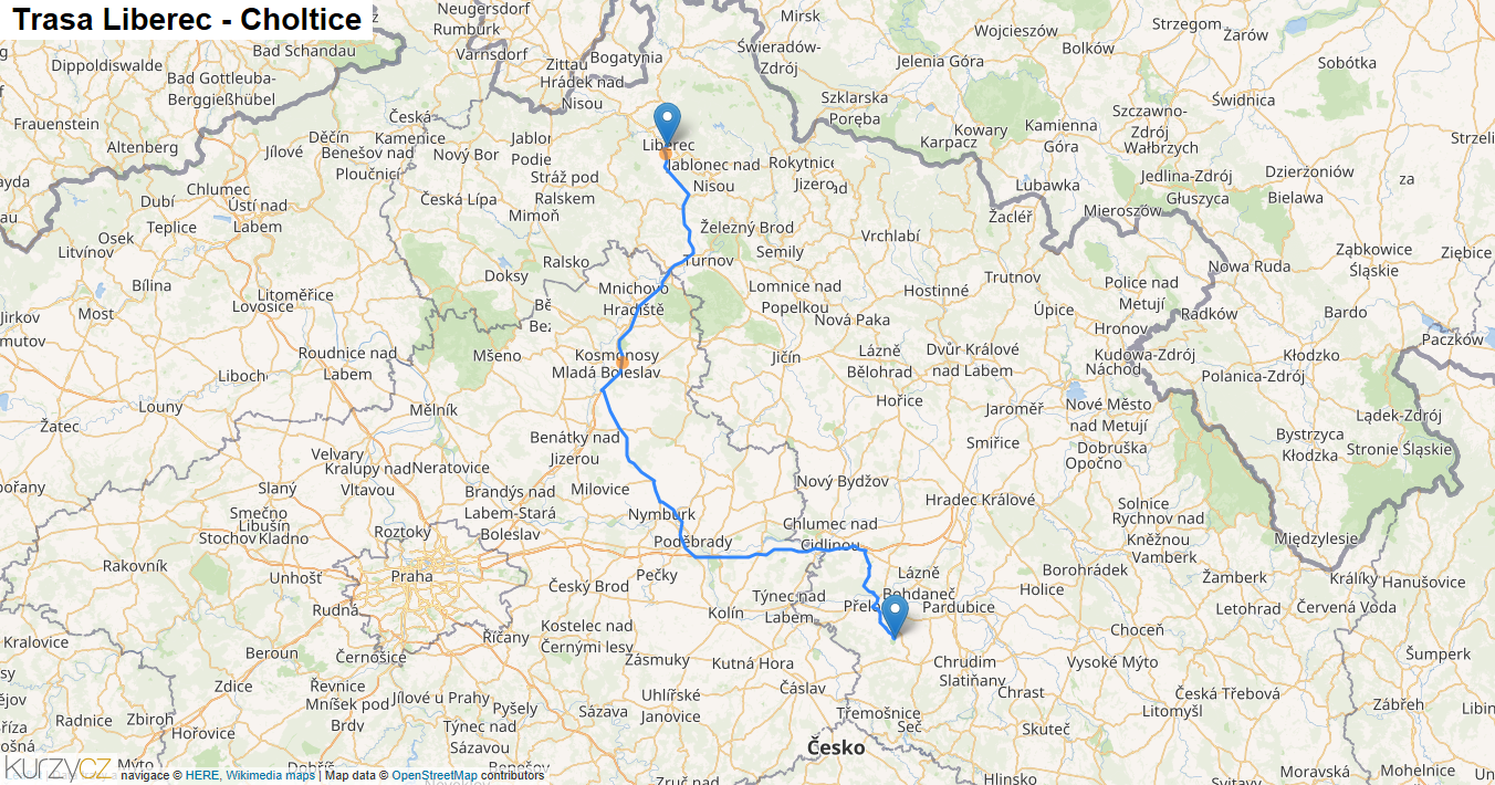 Liberec-Choltice, mapa trasy