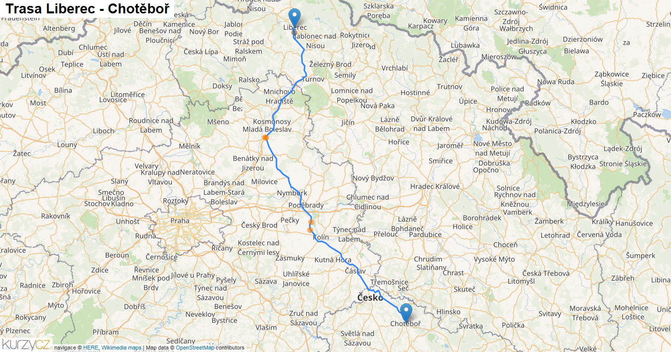 Liberec-Chotěboř, mapa trasy