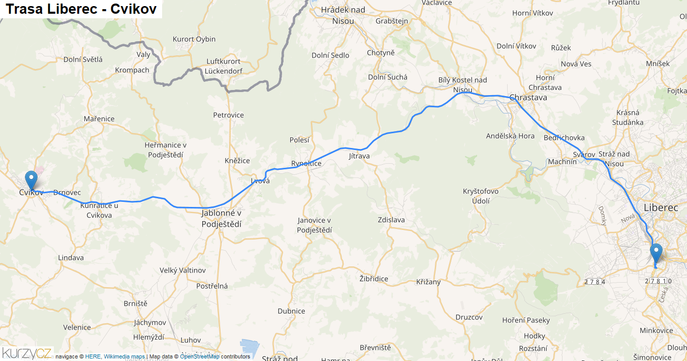Liberec-Cvikov, mapa trasy