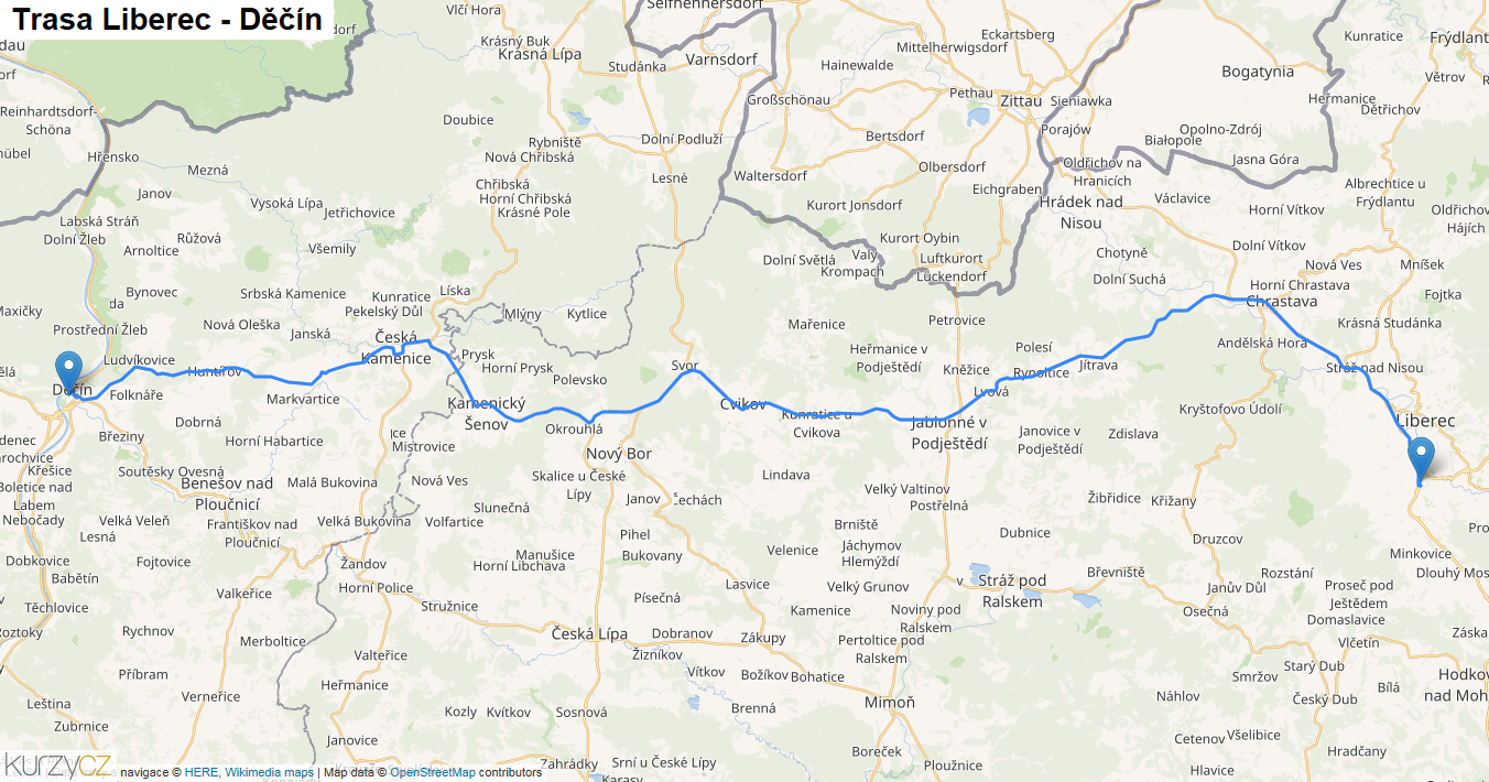 Liberec-Děčín, mapa trasy