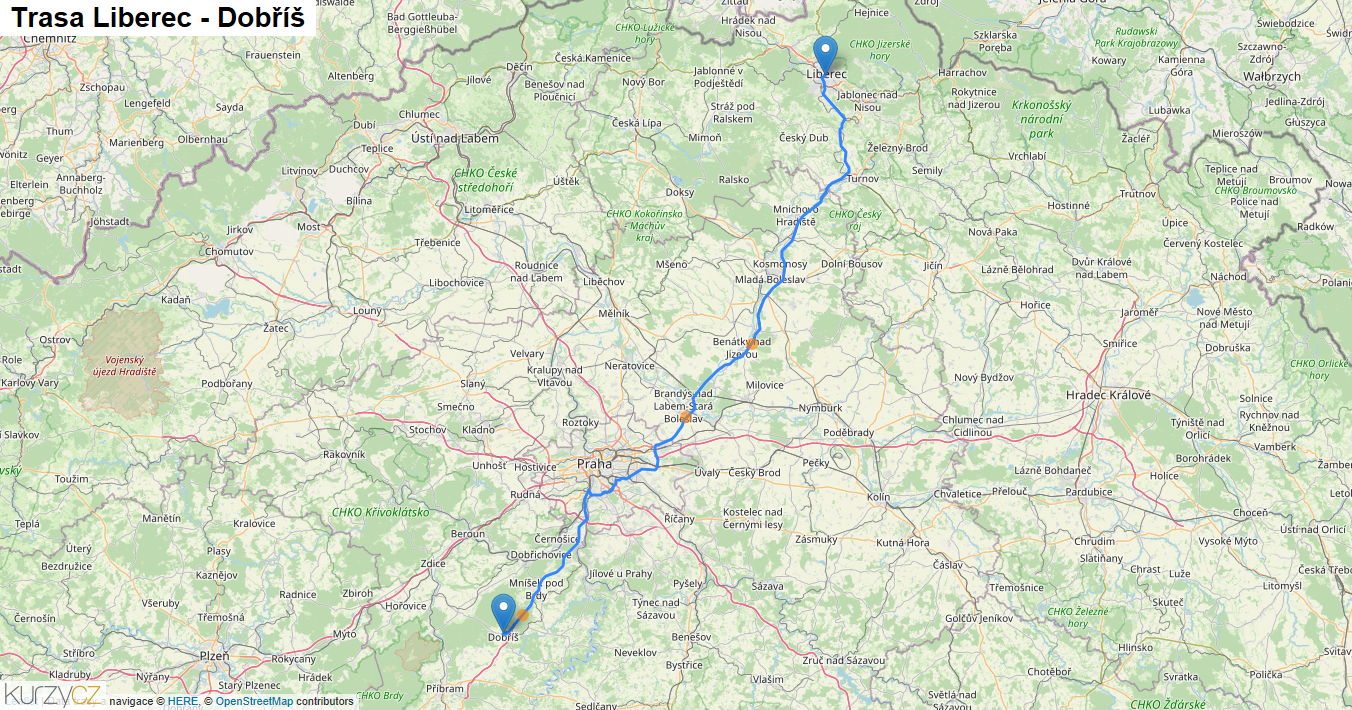 Liberec-Dobříš, mapa trasy