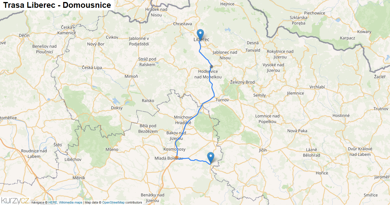 Liberec-Domousnice, mapa trasy