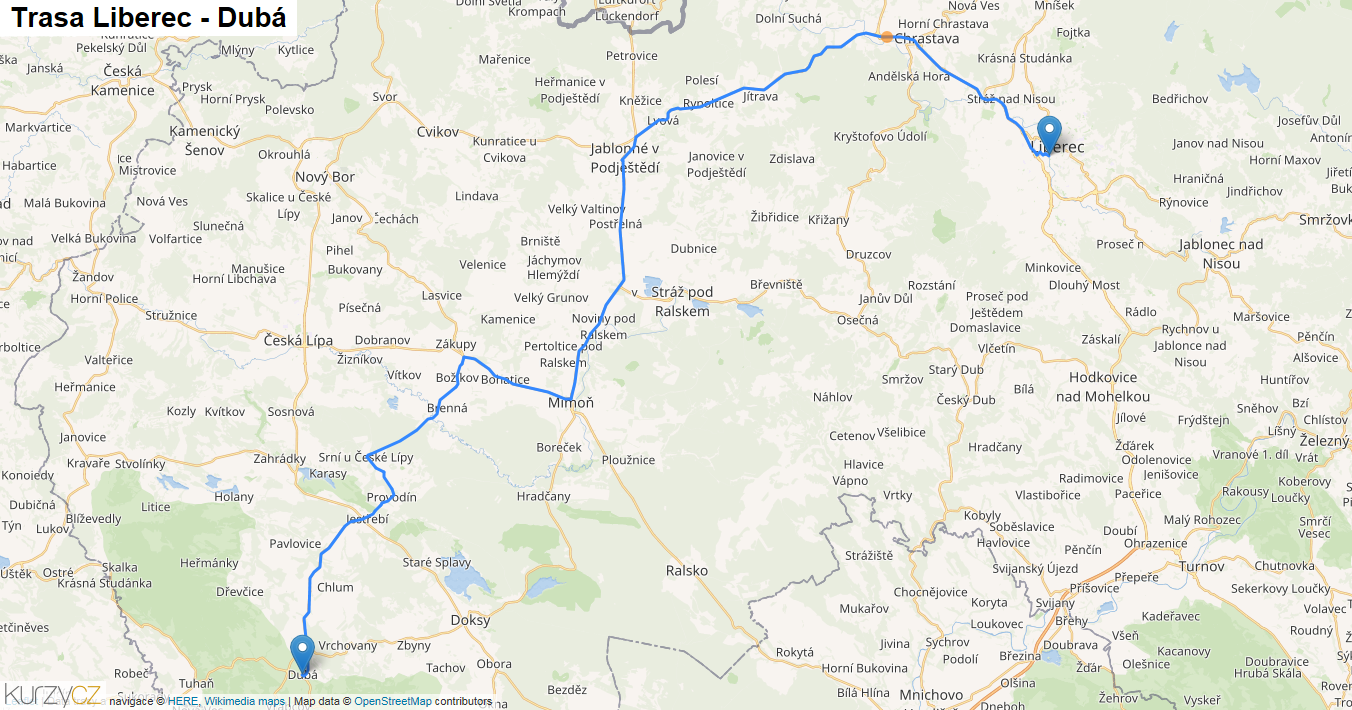 Liberec-Dubá, mapa trasy