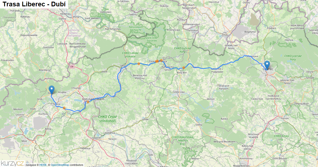 Liberec-Dubí, mapa trasy
