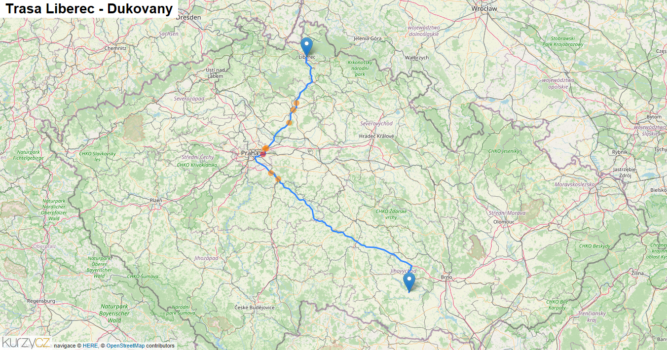 Liberec-Dukovany, mapa trasy
