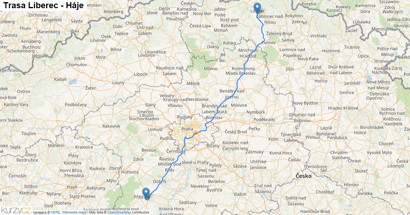 Liberec-Háje, mapa trasy