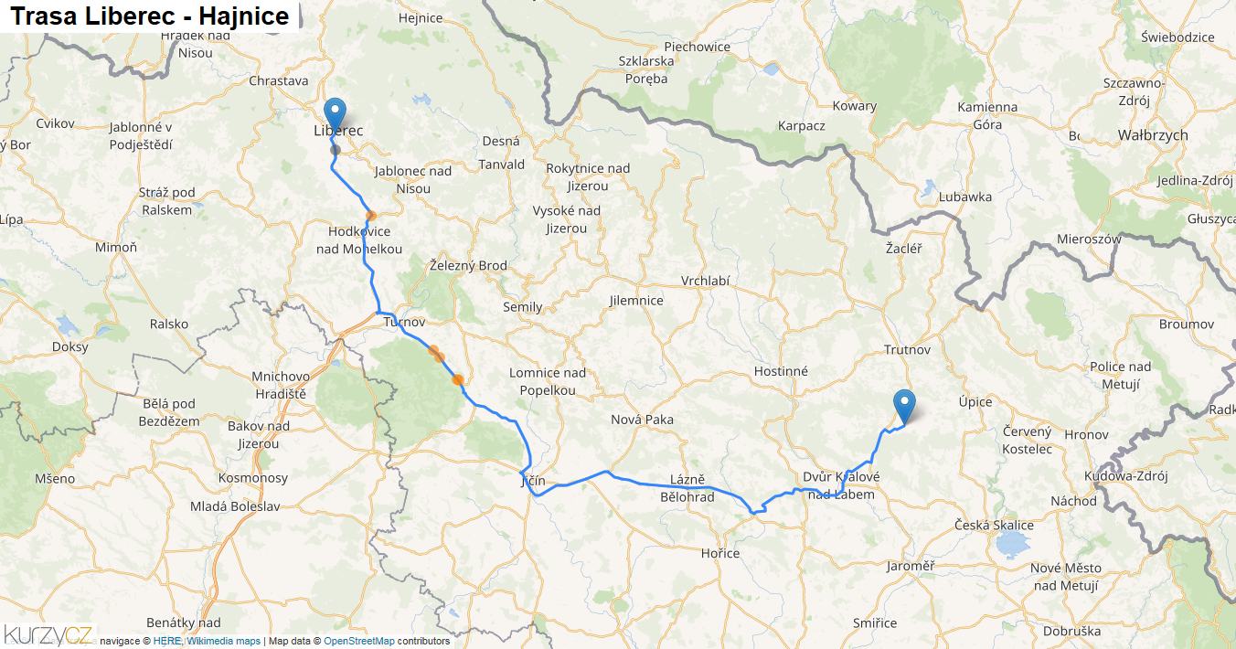 Liberec-Hajnice, mapa trasy