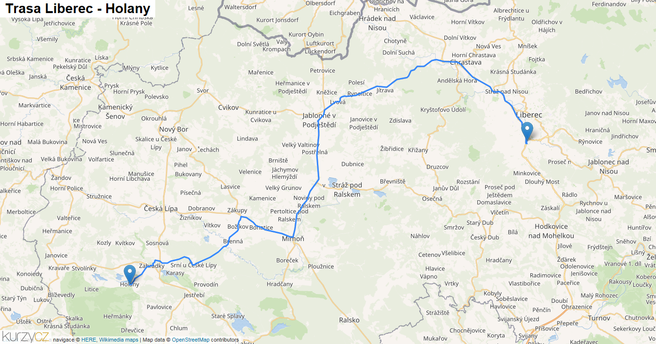 Liberec-Holany, mapa trasy