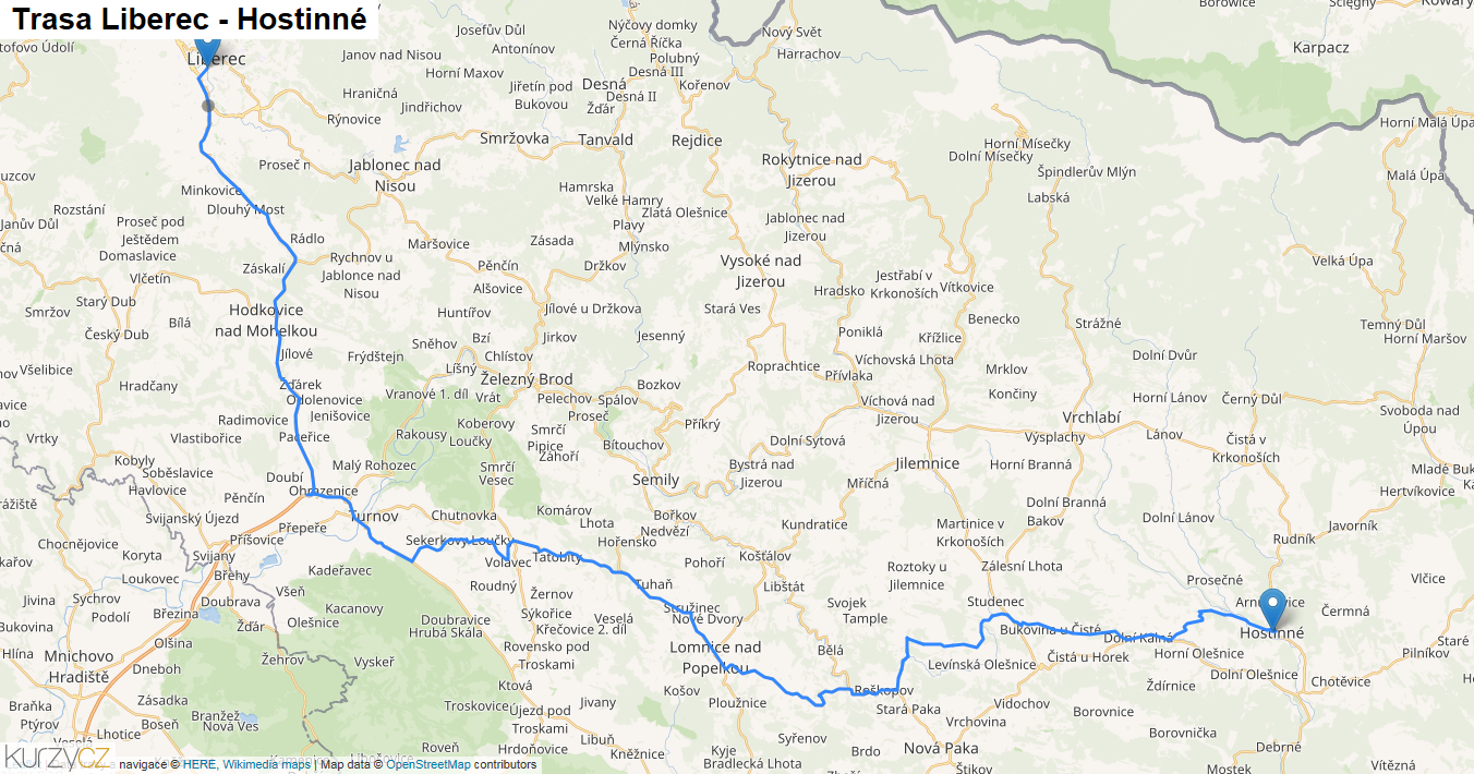 Liberec-Hostinné, mapa trasy