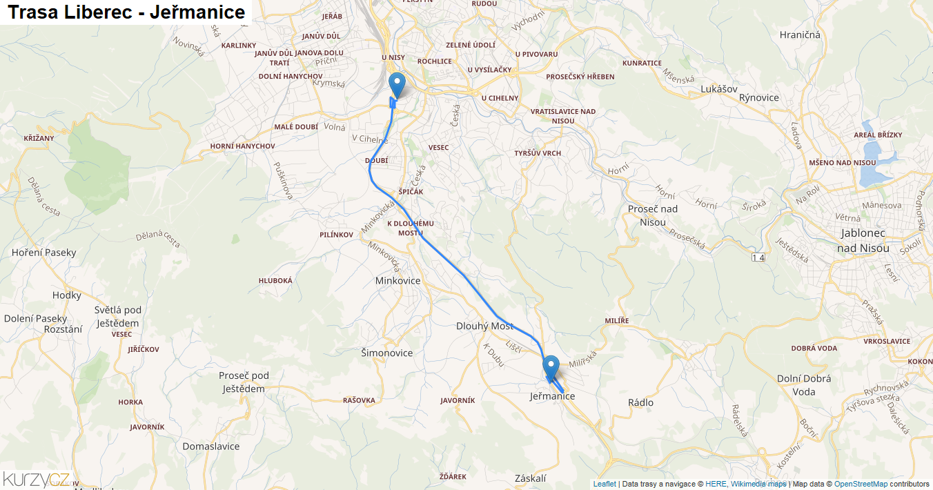 Liberec-Jeřmanice, mapa trasy