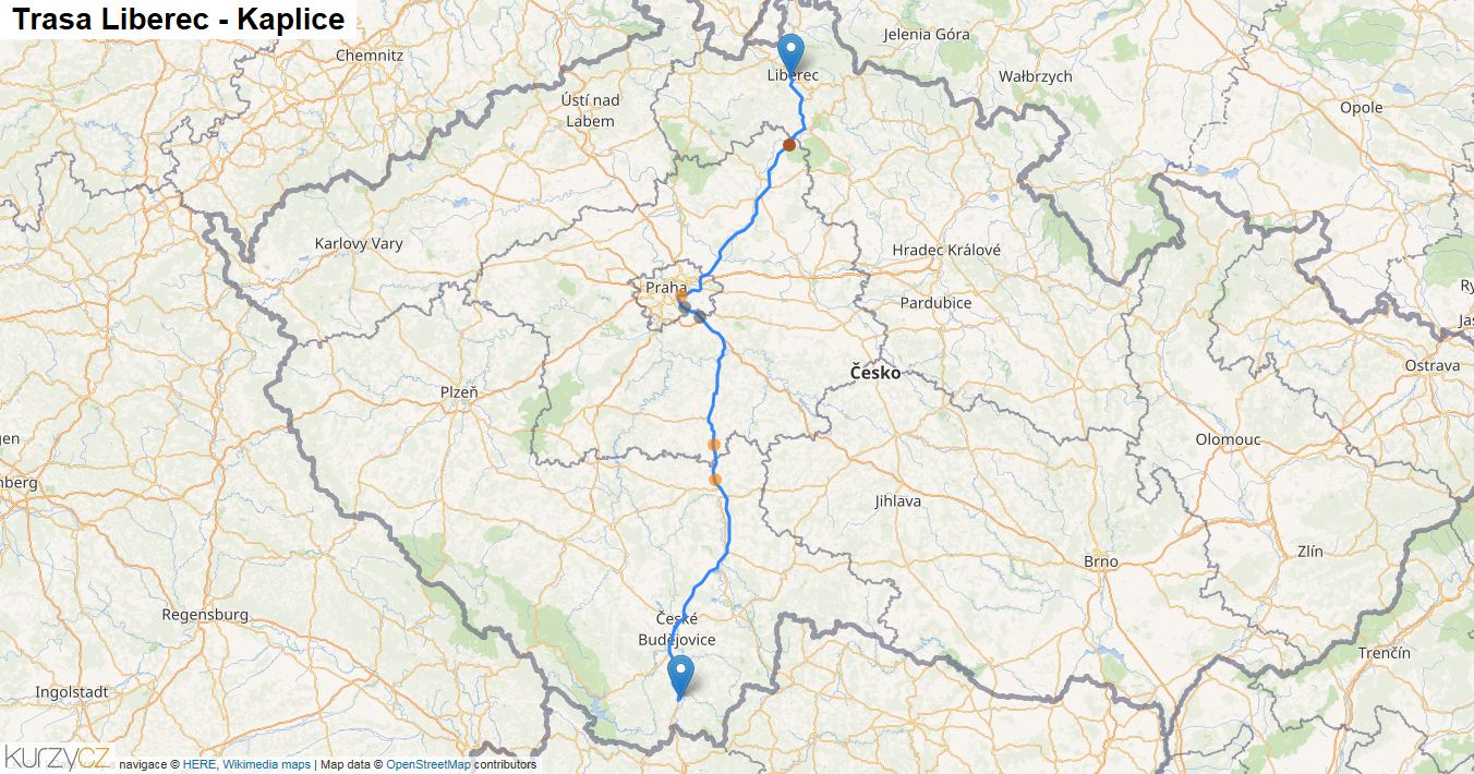 Liberec-Kaplice, mapa trasy
