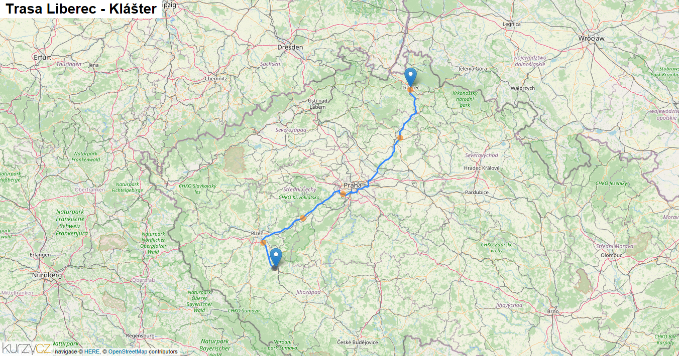 Liberec-Klášter, mapa trasy
