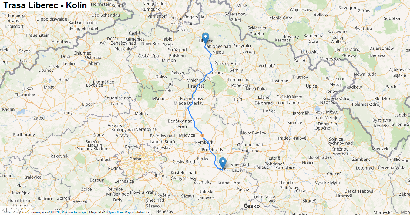 Liberec-Kolín, mapa trasy