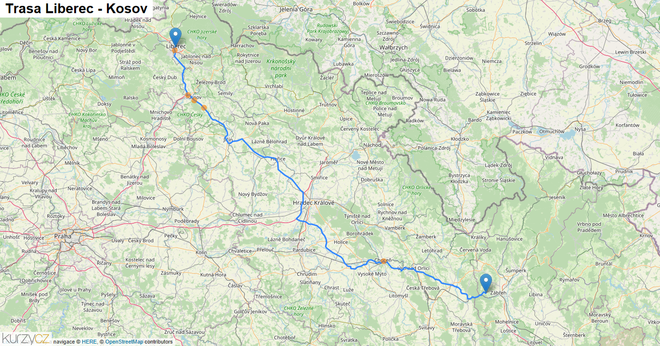 Liberec-Kosov, mapa trasy