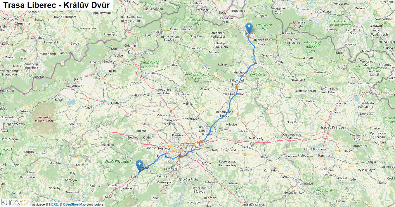 Liberec-Králův Dvůr, mapa trasy