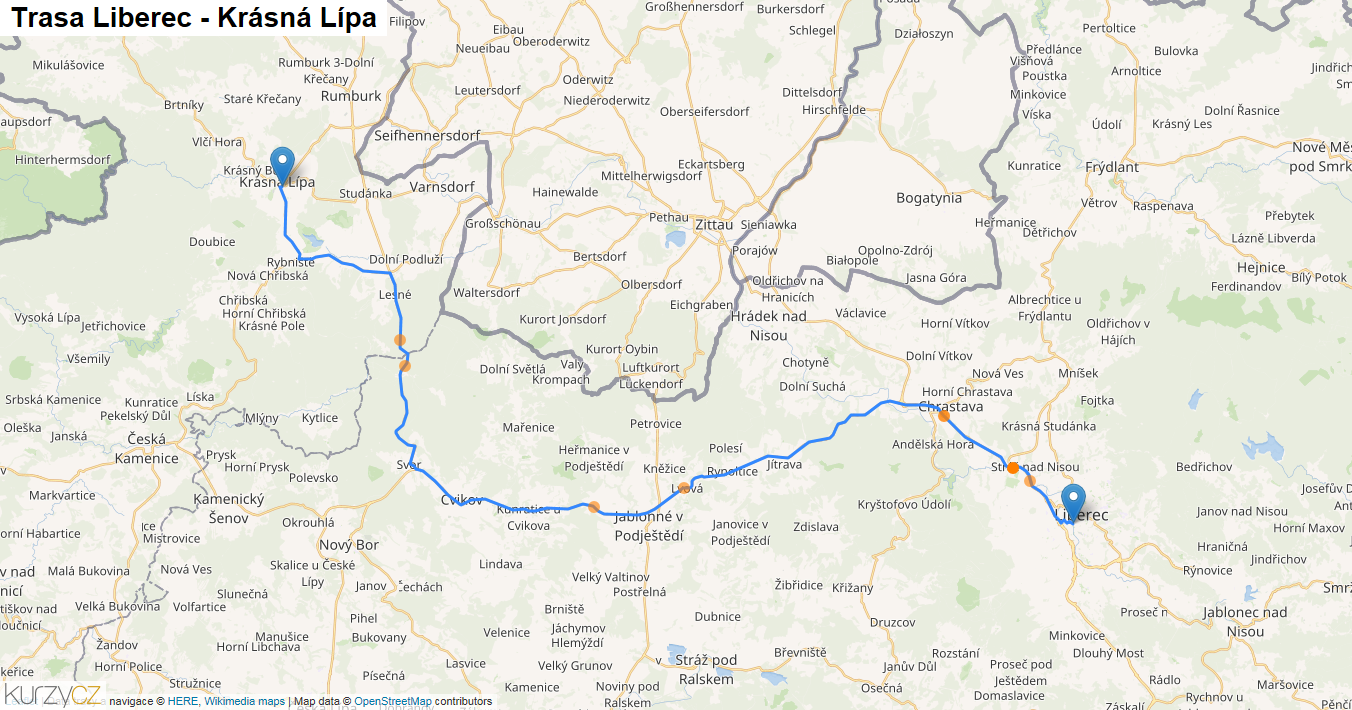 Liberec-Krásná Lípa, mapa trasy