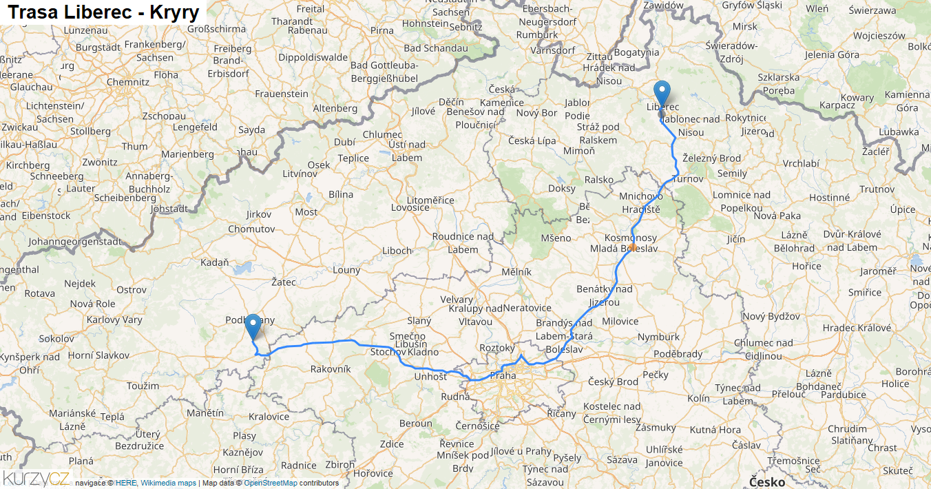 Liberec-Kryry, mapa trasy