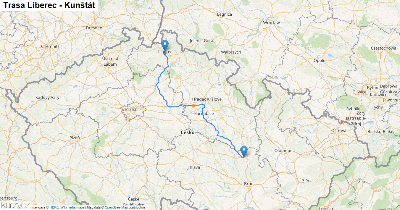 Liberec-Kunštát, mapa trasy
