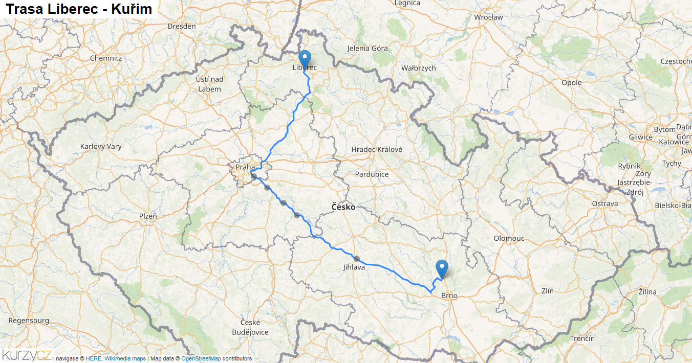 Liberec-Kuřim, mapa trasy