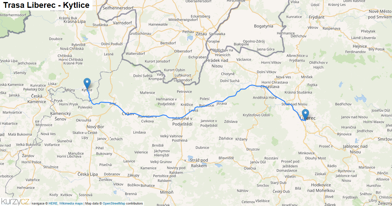 Liberec-Kytlice, mapa trasy