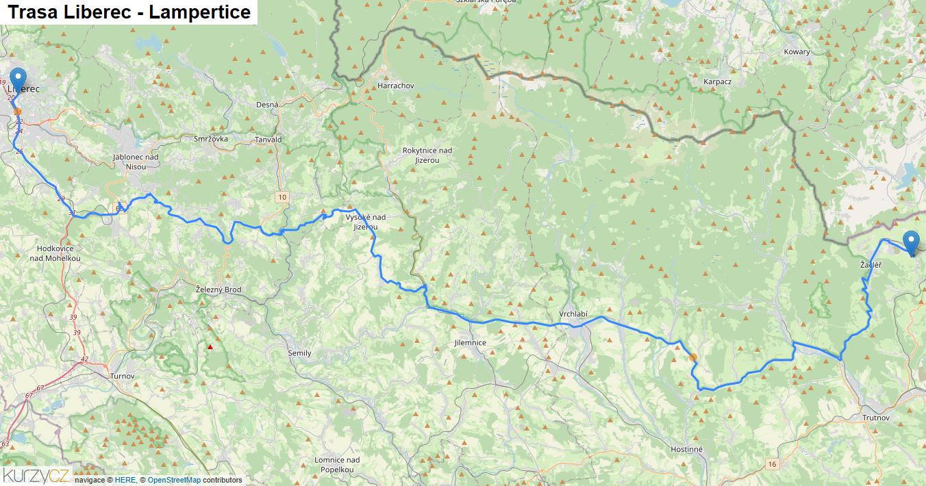 Liberec-Lampertice, mapa trasy
