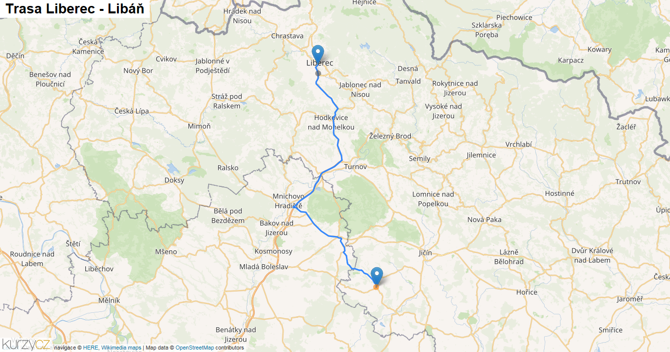 Liberec-Libáň, mapa trasy