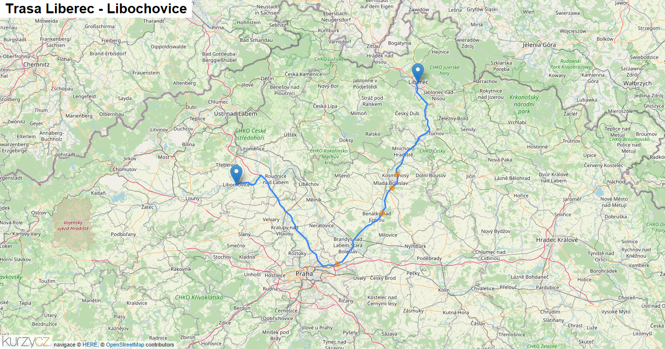 Liberec-Libochovice, mapa trasy