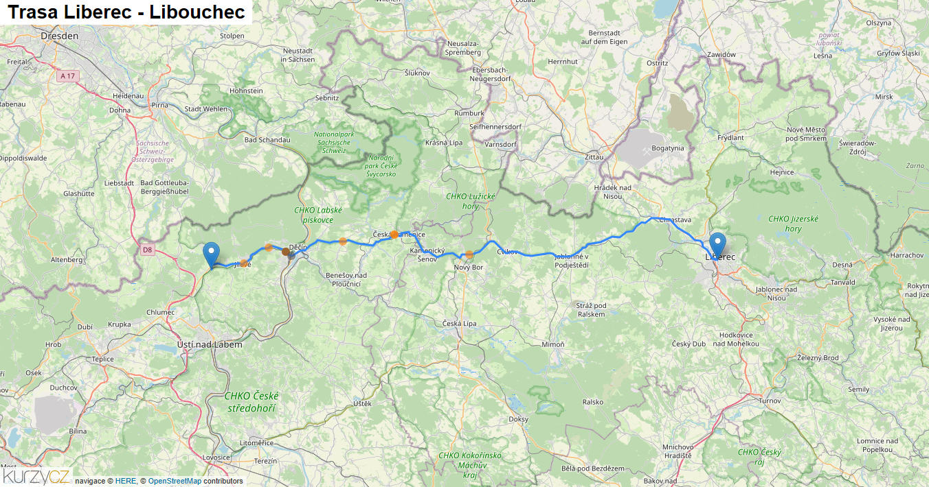 Liberec-Libouchec, mapa trasy