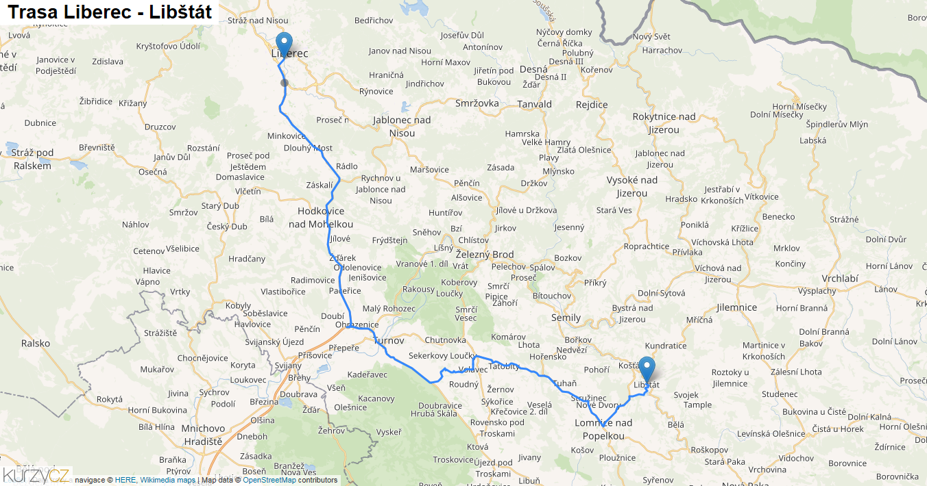 Liberec-Libštát, mapa trasy