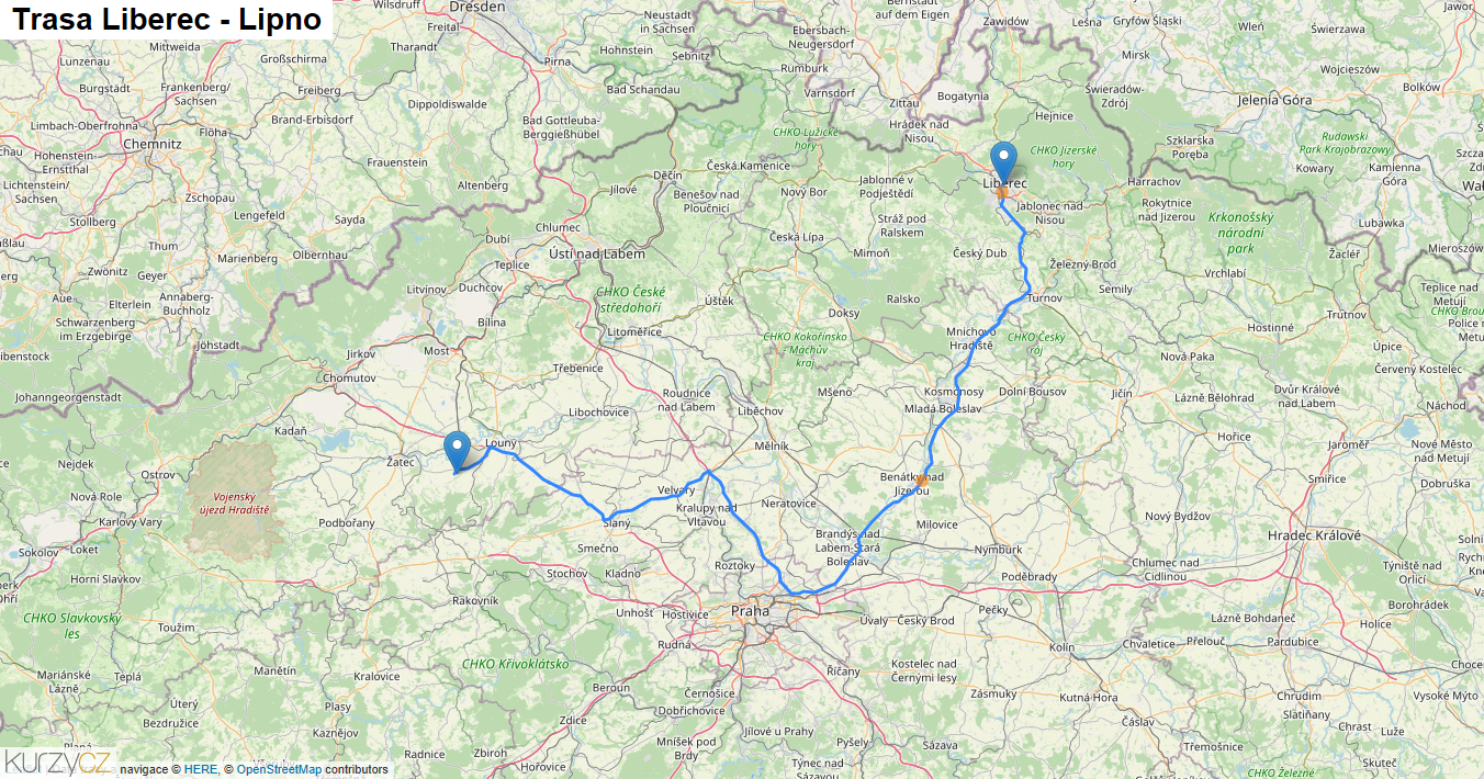 Liberec-Lipno, mapa trasy