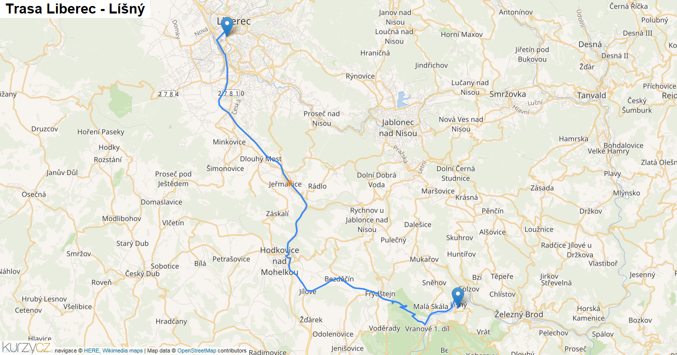 Liberec-Líšný, mapa trasy