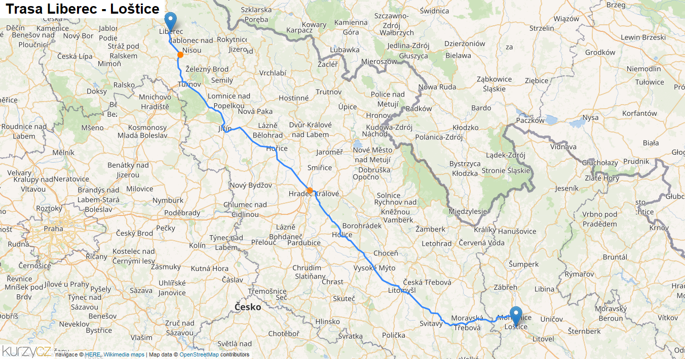 Liberec-Loštice, mapa trasy