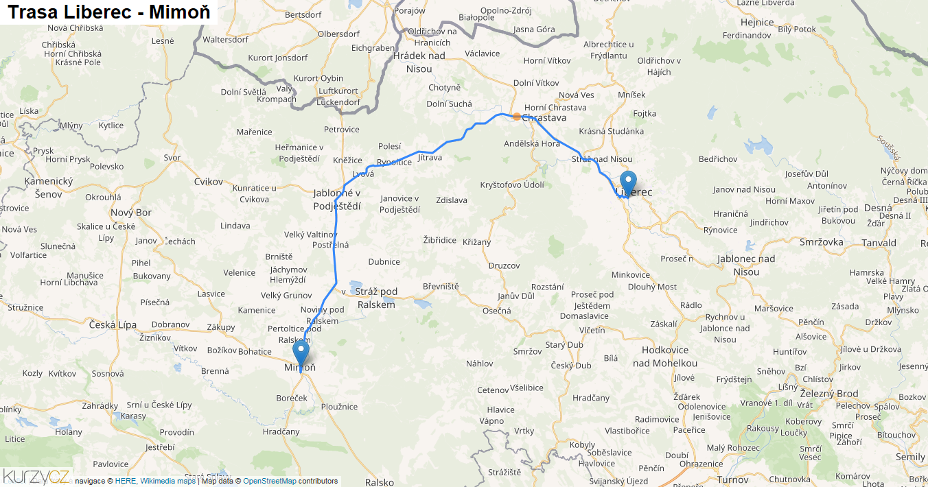 Liberec-Mimoň, mapa trasy