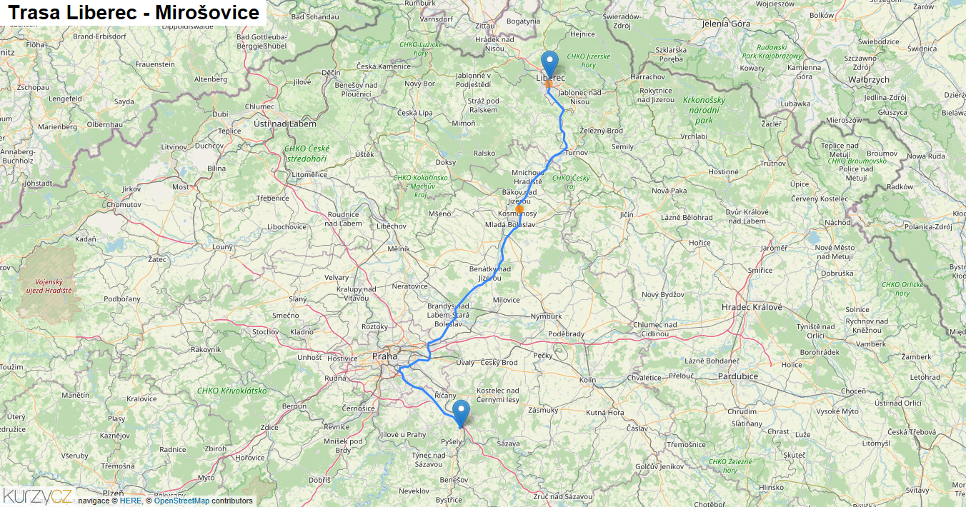 Liberec-Mirošovice, mapa trasy