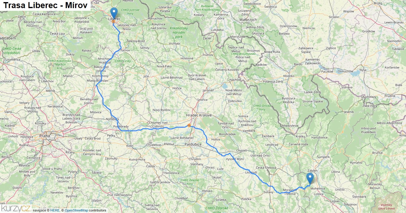 Liberec-Mírov, mapa trasy