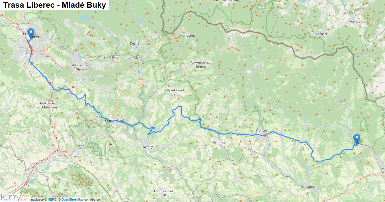 Liberec-Mladé Buky, mapa trasy