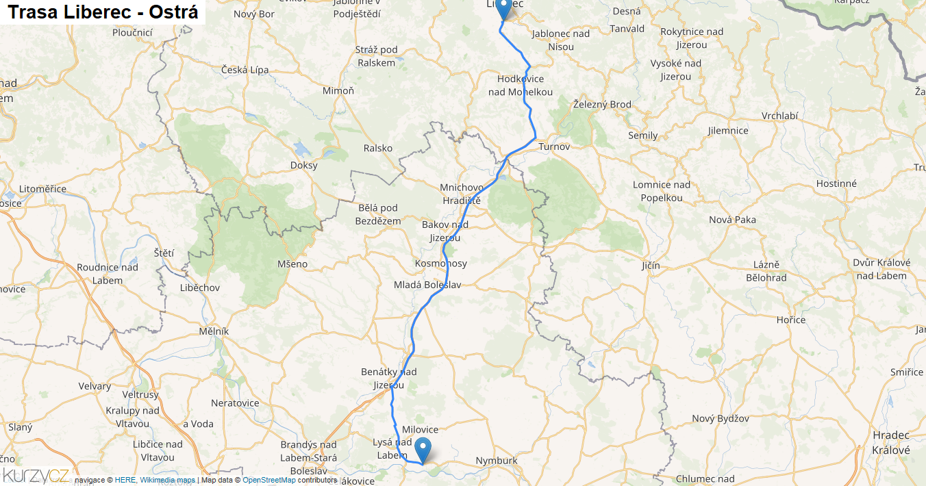 Liberec-Ostrá, mapa trasy