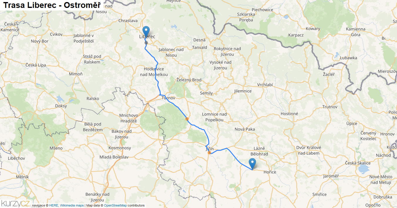 Liberec-Ostroměř, mapa trasy