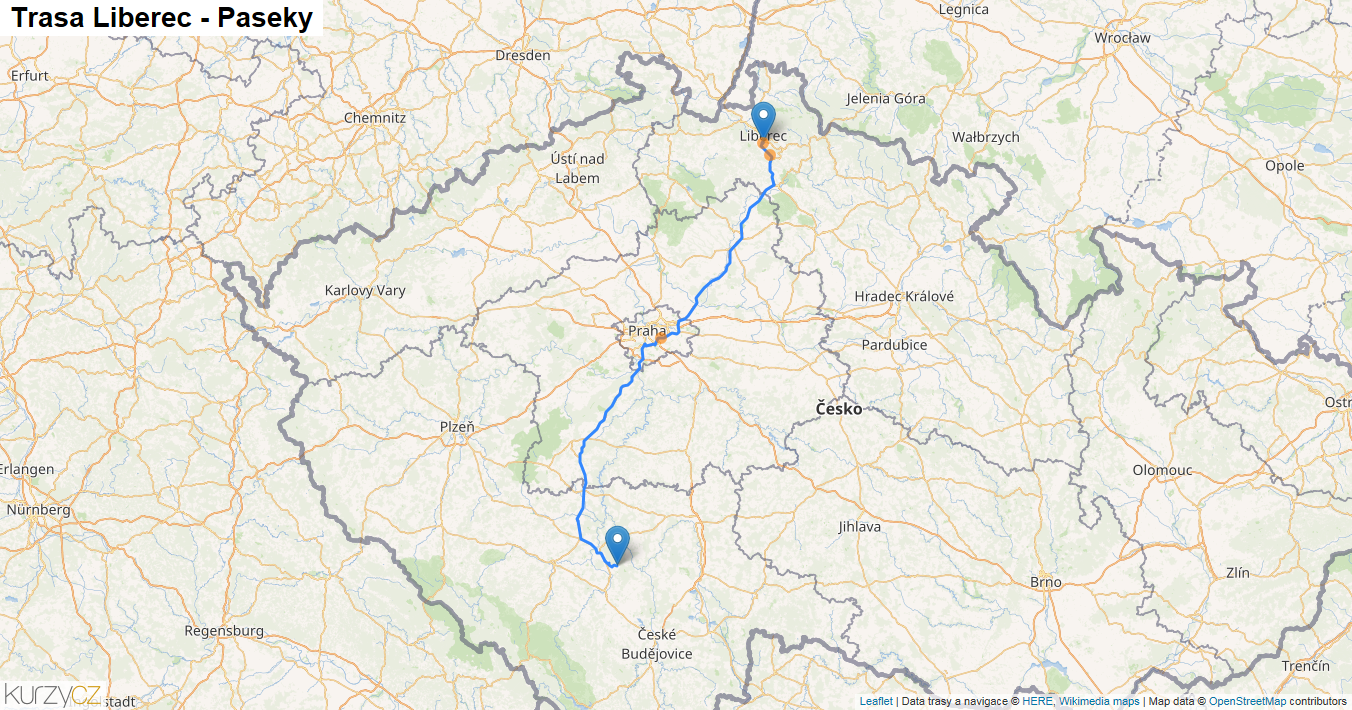 Liberec-Paseky, mapa trasy