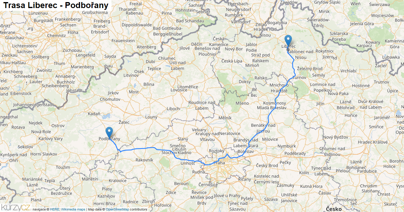 Liberec-Podbořany, mapa trasy
