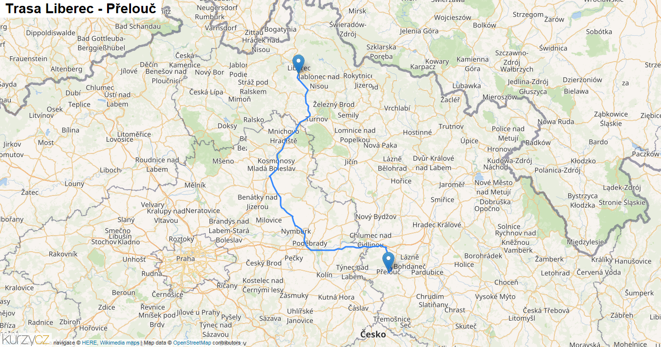 Liberec-Přelouč, mapa trasy