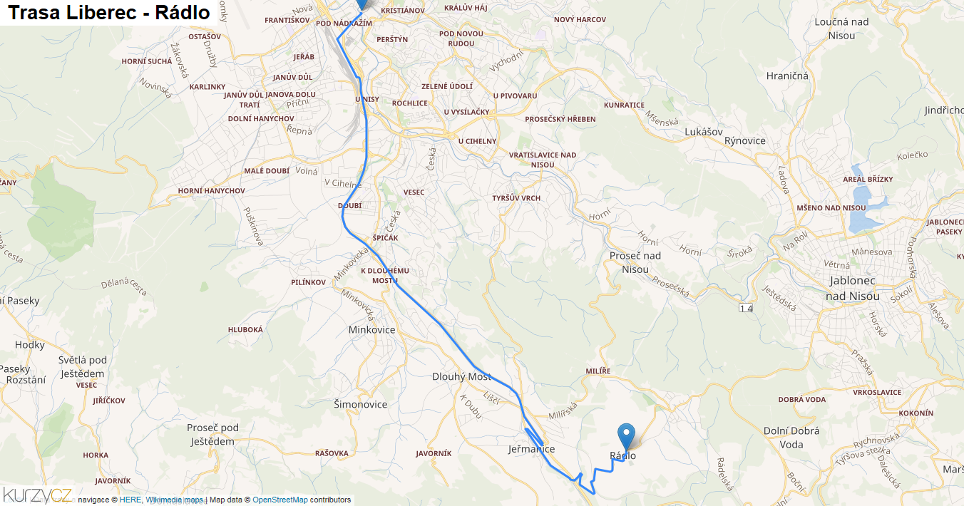 Liberec-Rádlo, mapa trasy