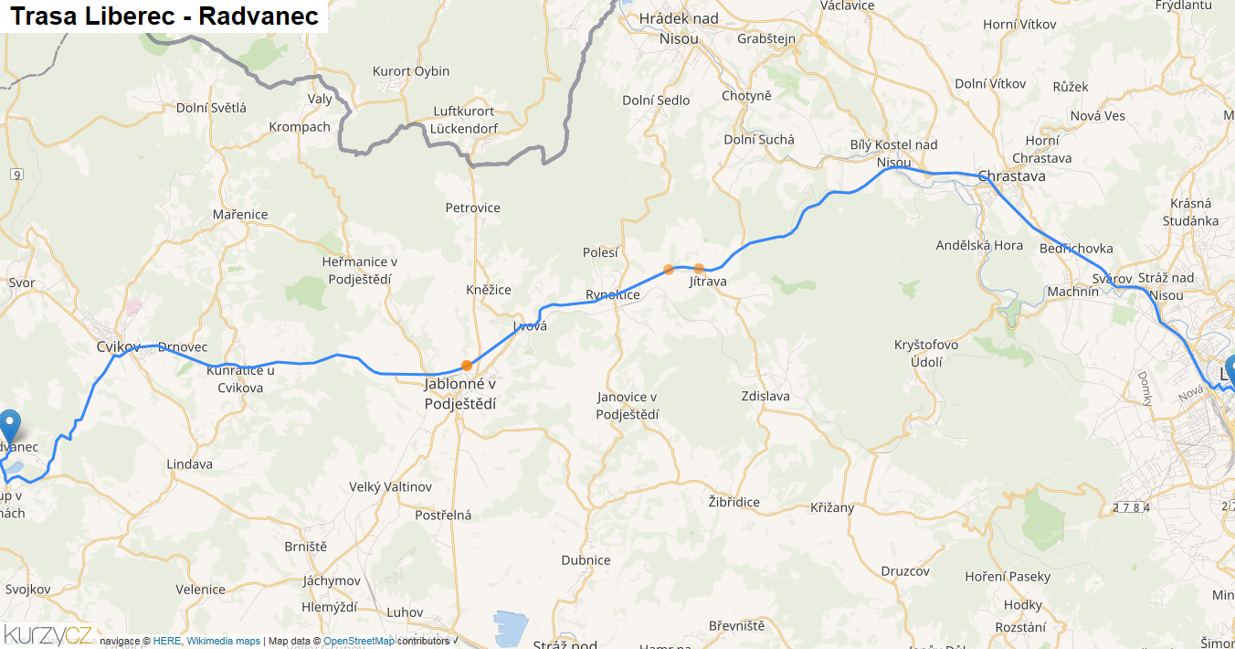 Liberec-Radvanec, mapa trasy