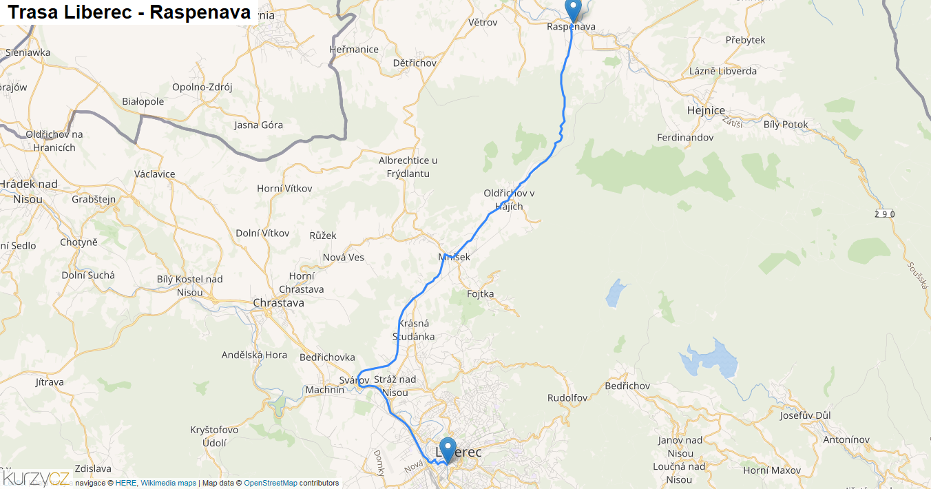 Liberec-Raspenava, mapa trasy